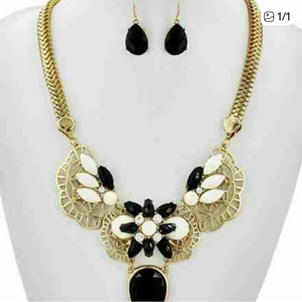 Gold-Tone Black & White Floral Statement Necklace and Earring Set